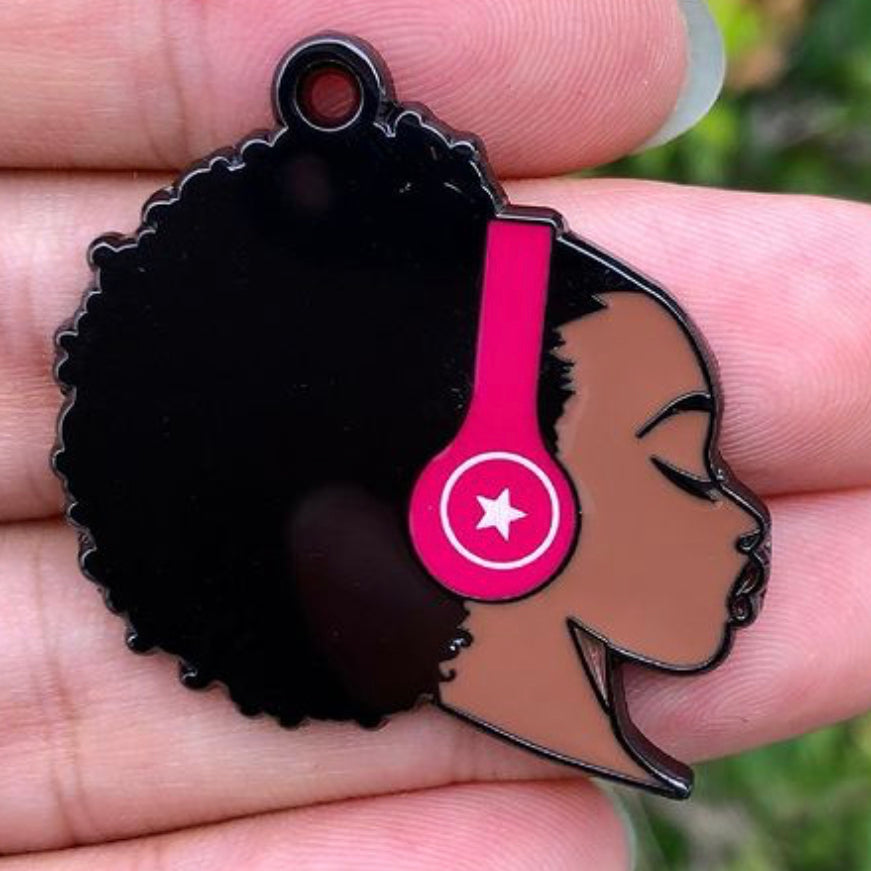 Afro Girl with Headphones Charm
